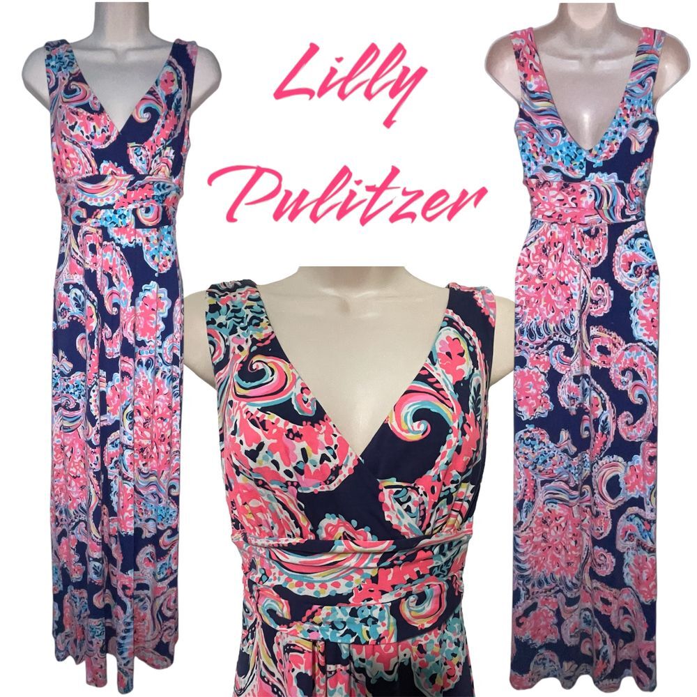 Lilly Pulitzer Navy Pink Floral Paisley Maxi Dress